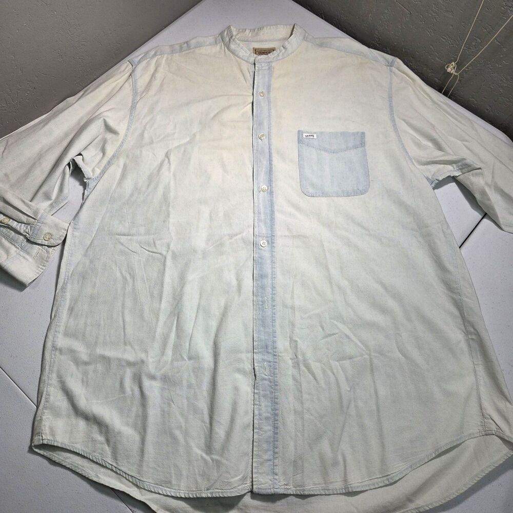 ​Vintage 80s Guess Georges Marciano Denim Shirt Mens L Band Collar Acid Wash